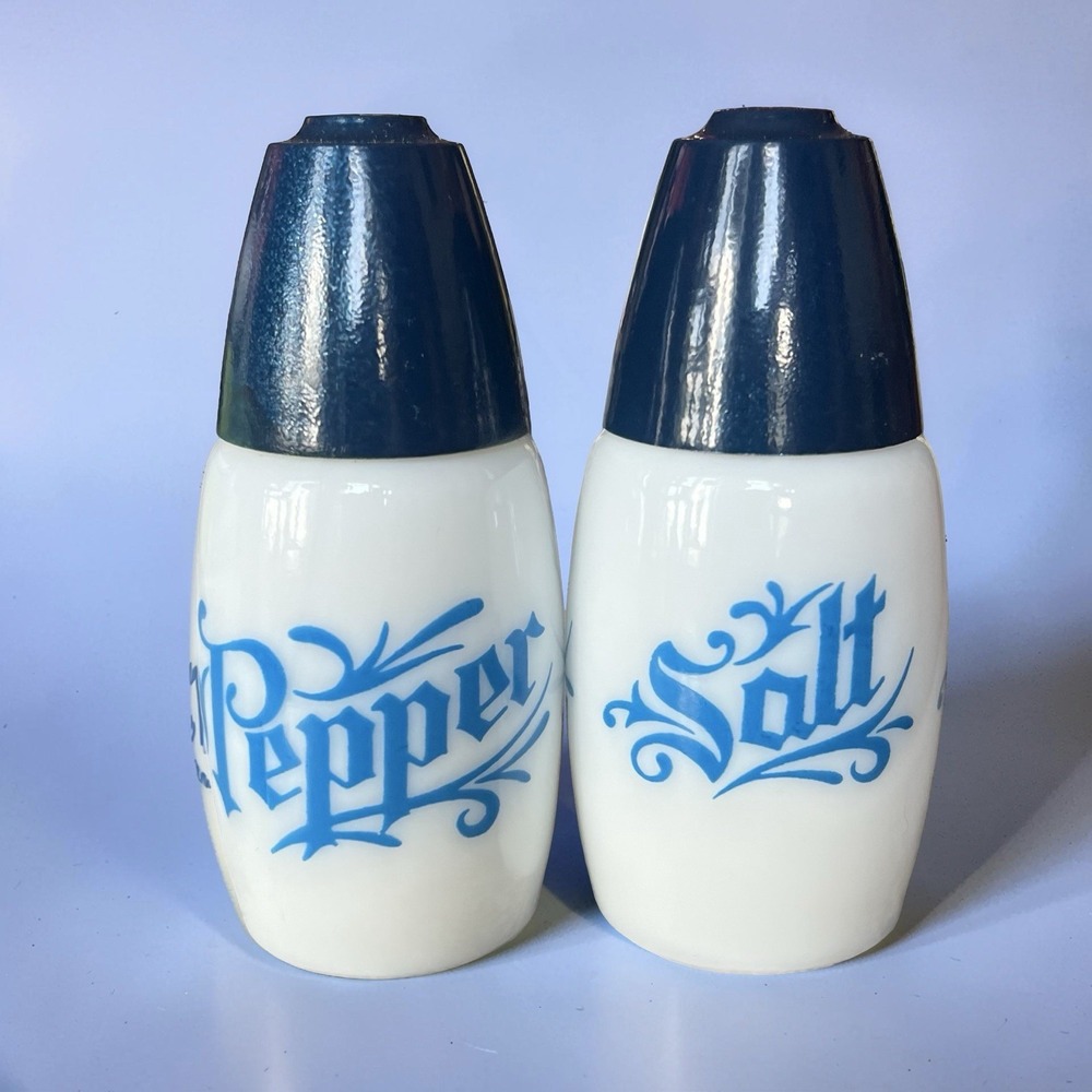 Westinghouse Gemco Milk Glass Salt & Pepper Shakers Blue Lettering Vintage
